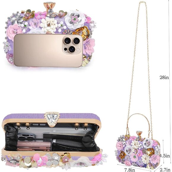 Purple Multicolored 3D Flower Clutch Handbag with Chain Strap for Evening, Weddi - Picture 4 of 7